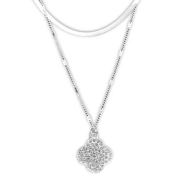 Link & Herringbone Double Chain w/ Rhinestone Clover Charm