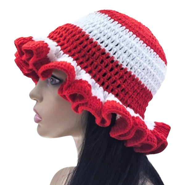 Bebe Fashion Crochet Ruffle Bucket Hat (Stripes)