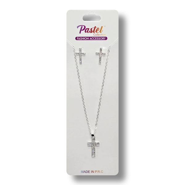 Cross Necklace & Earring Set w/ Rhinestones