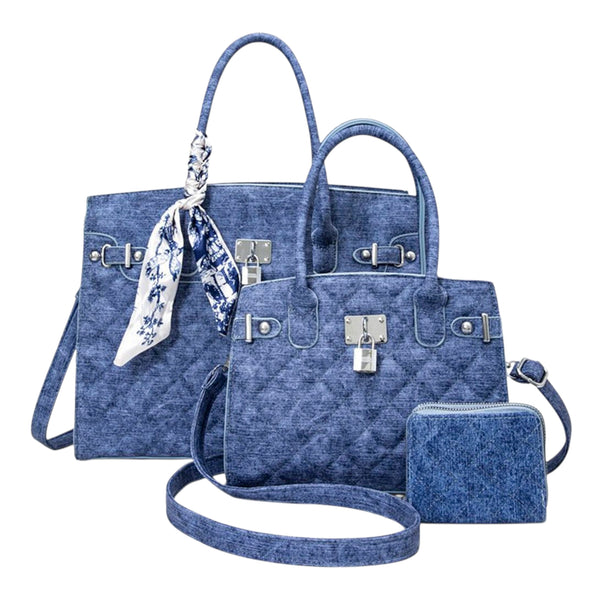 3-in-1 Quilted Denim Textured Scarf Handle Satchel w/ Matching Bag & Wallet