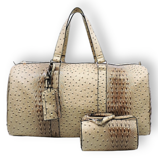 FAUX OSTRICH PATTERN EMBOSSED WEEKEND BAG w/ POUCH - Han's Beauty Supply