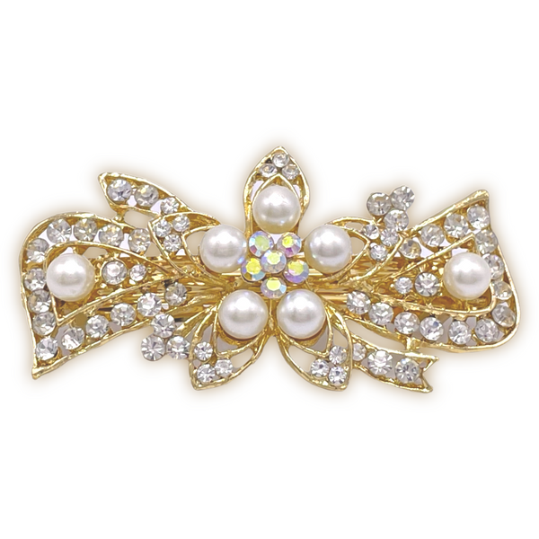 LARGE BOW DESIGN BARRETTE w/ RHINESTONES & PEARLS - Han's Beauty Supply